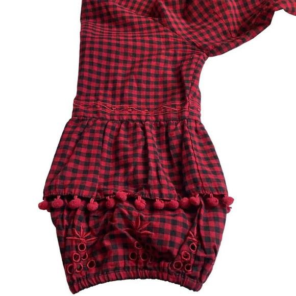 NY Collection Checked Plaid Top, Size Large, Black & Red, Eyelet, Pom-Poms - Picture 3 of 7